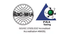 PJLA Testing and ilac-MRA accreditation marks. ISO/IEC 17025:2017 accredited, accreditation number 84351.